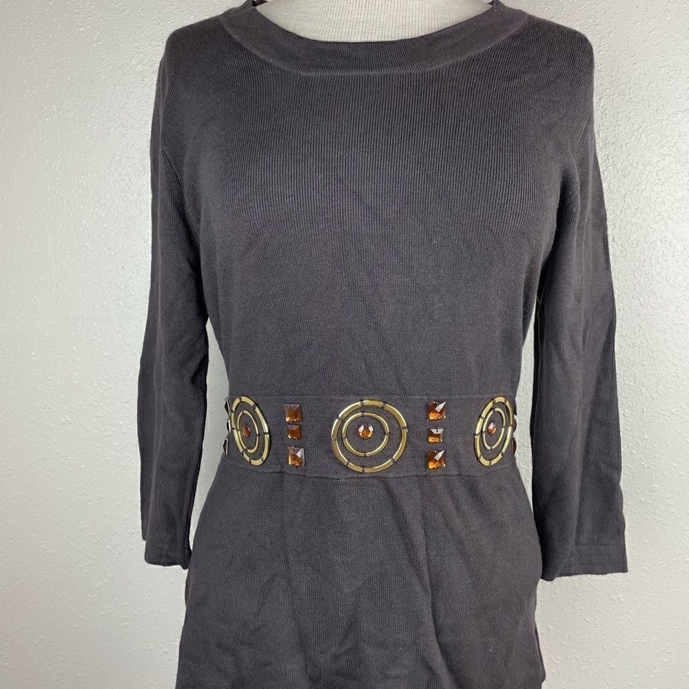 EUC Multiples 3/4 Sleeve Brown Top with Jewels Through the Middle Size M